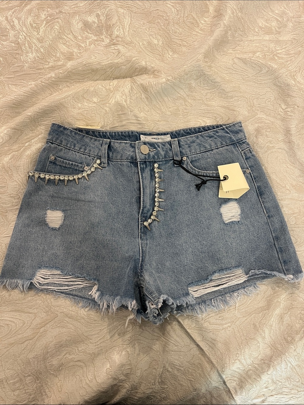 Blue Distressed Denim Shorts with Rhinestone Trim